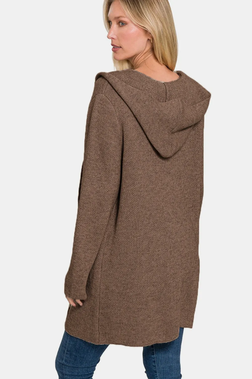 Hooded Open Front Brown Sweater Cardigan