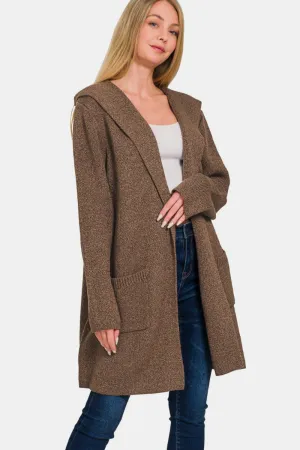 Hooded Open Front Brown Sweater Cardigan