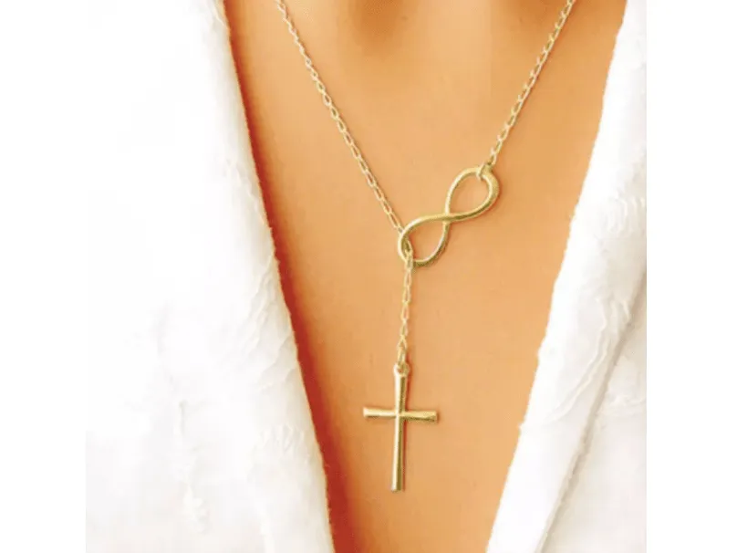 Italian Solid Yellow Gold Infinity Cross Lariat Necklace