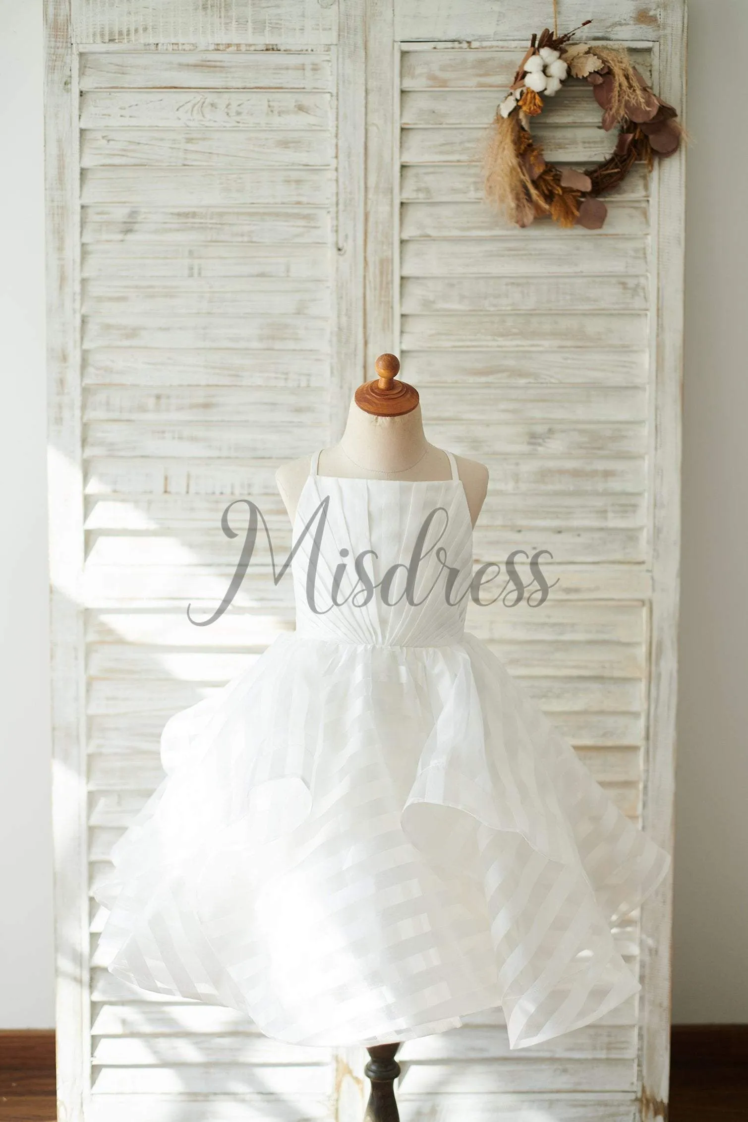 Ivory Stripes Organza Spaghetti Straps Cross Back Wedding Flower Girl Dress