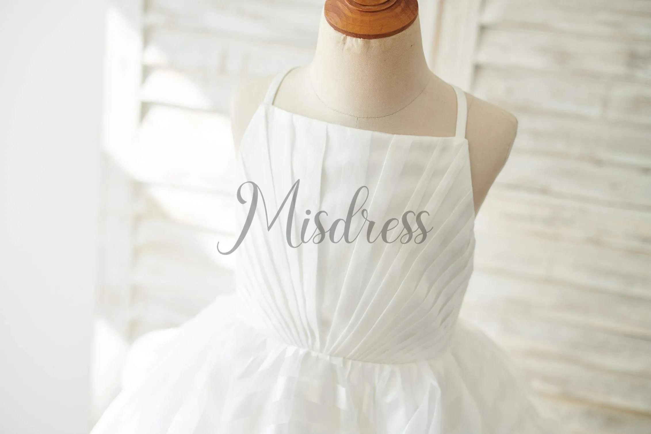 Ivory Stripes Organza Spaghetti Straps Cross Back Wedding Flower Girl Dress