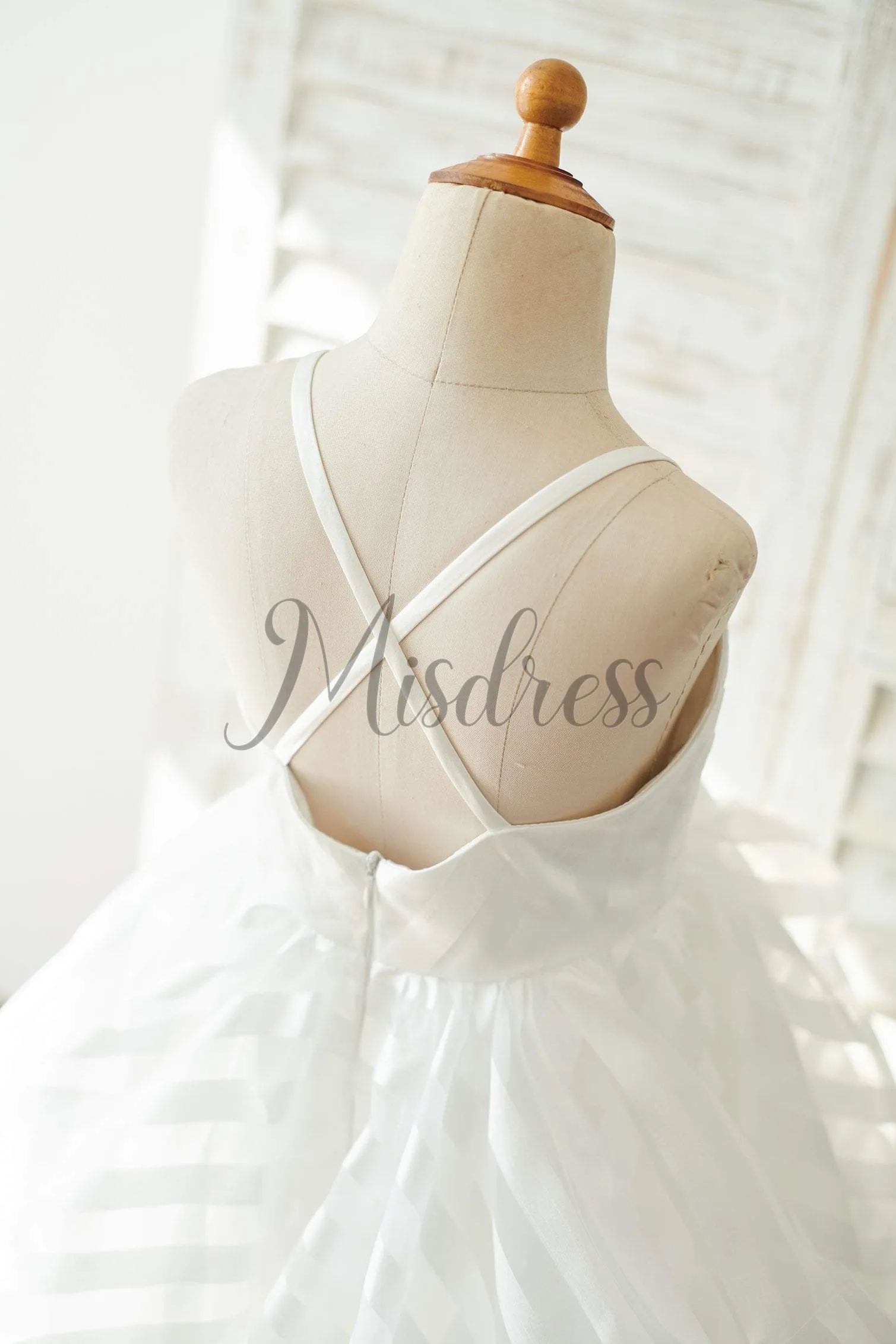 Ivory Stripes Organza Spaghetti Straps Cross Back Wedding Flower Girl Dress