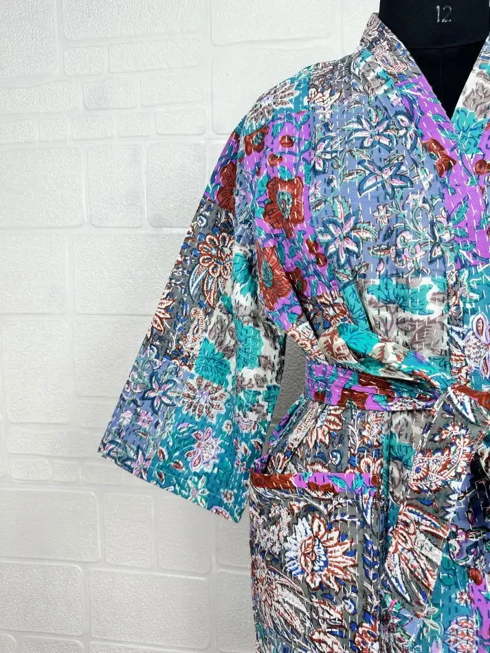 Kantha Pure Cotton Reversible Short Kimono Women Jacket Floral Print Blue Pink