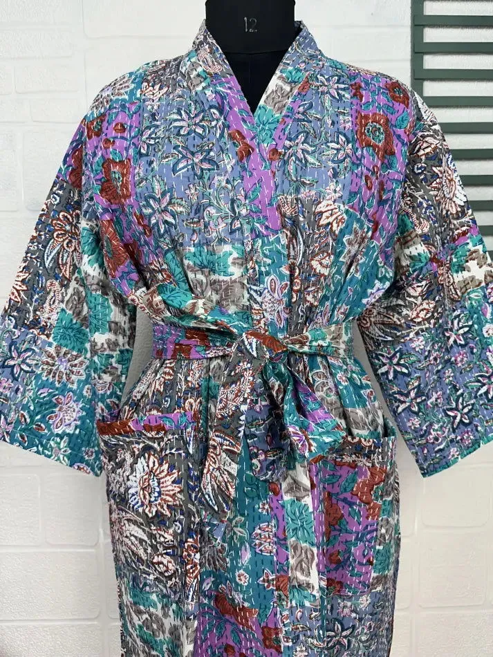 Kantha Pure Cotton Reversible Short Kimono Women Jacket Floral Print Blue Pink