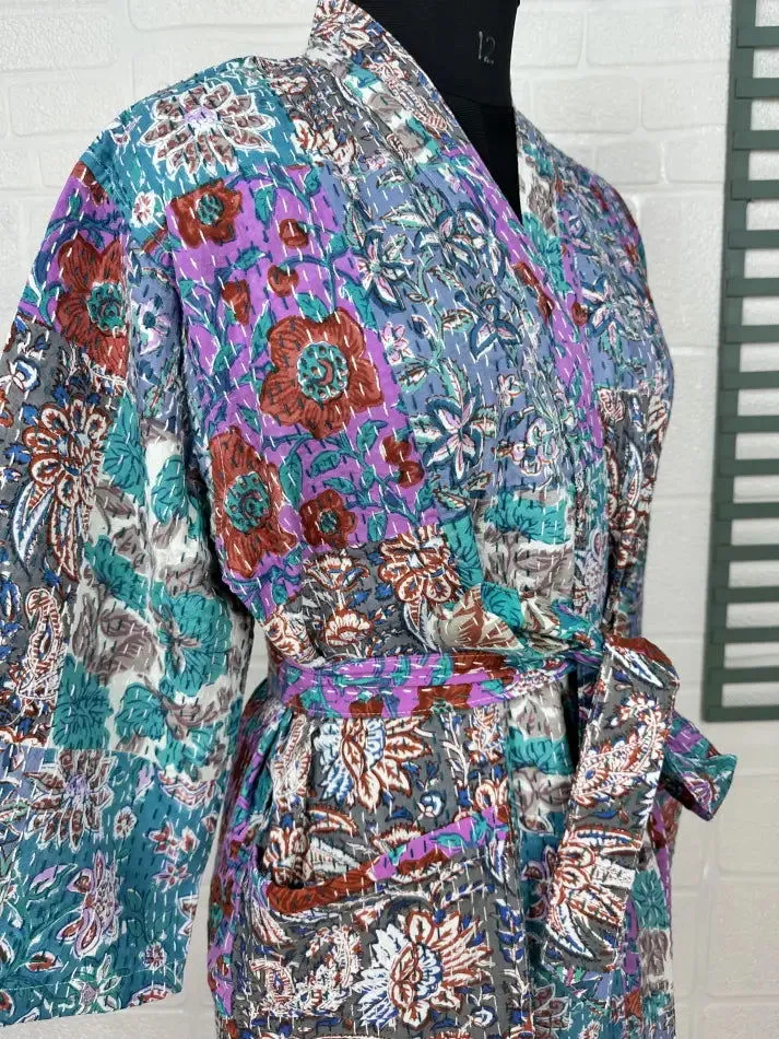 Kantha Pure Cotton Reversible Short Kimono Women Jacket Floral Print Blue Pink