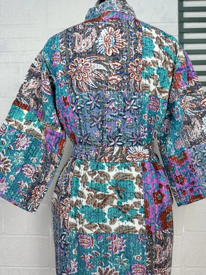 Kantha Pure Cotton Reversible Short Kimono Women Jacket Floral Print Blue Pink