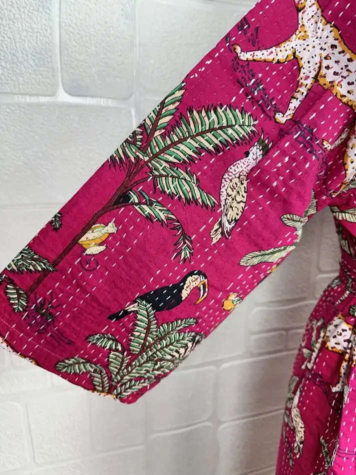 Kantha Pure Cotton Reversible Short Kimono Women Jacket Jungle Print Pink Green