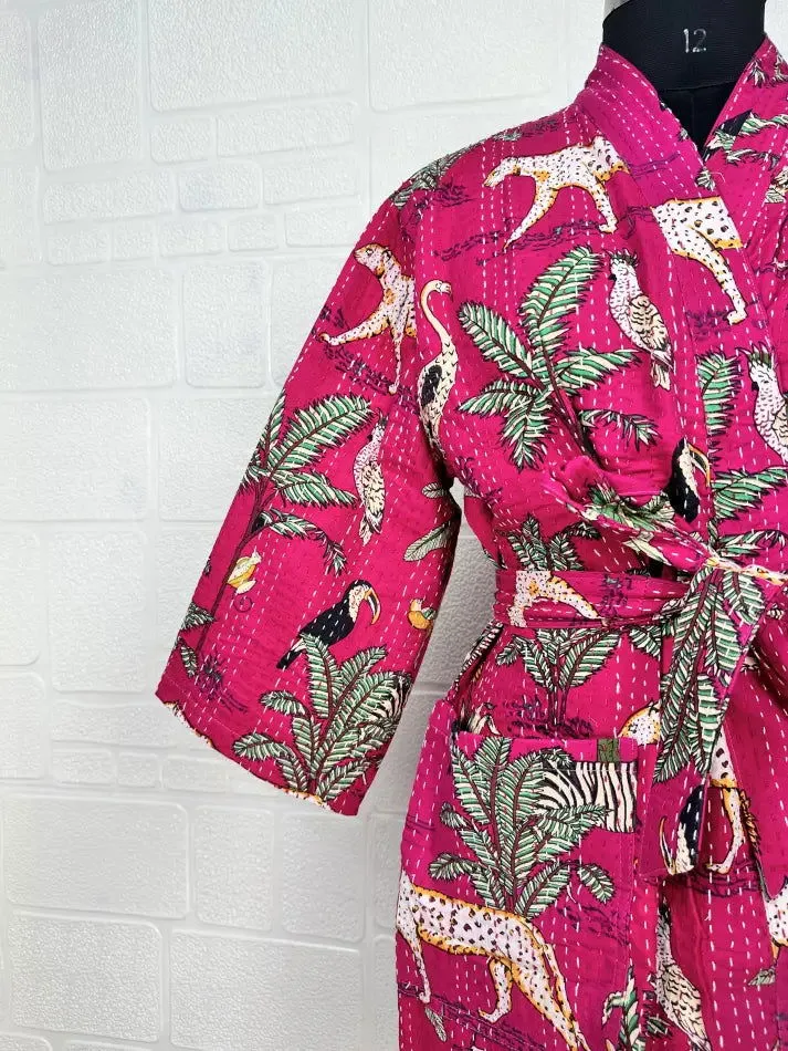 Kantha Pure Cotton Reversible Short Kimono Women Jacket Jungle Print Pink Green