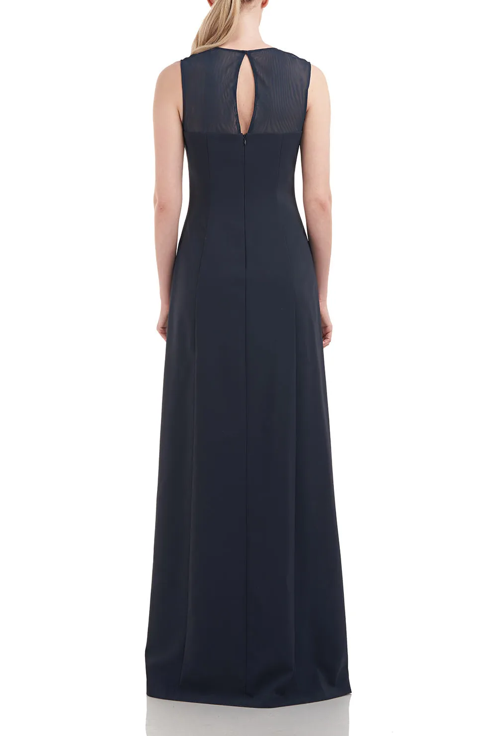 Kay Unger illusion jewel neck sleeveless zipper closure asymmetrical skirt pleated stretch crepe gown with chiffon underlay