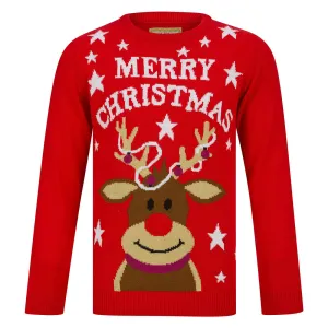 Kids Tangled Reindeer Christmas Jumper Red Rudolph Stars