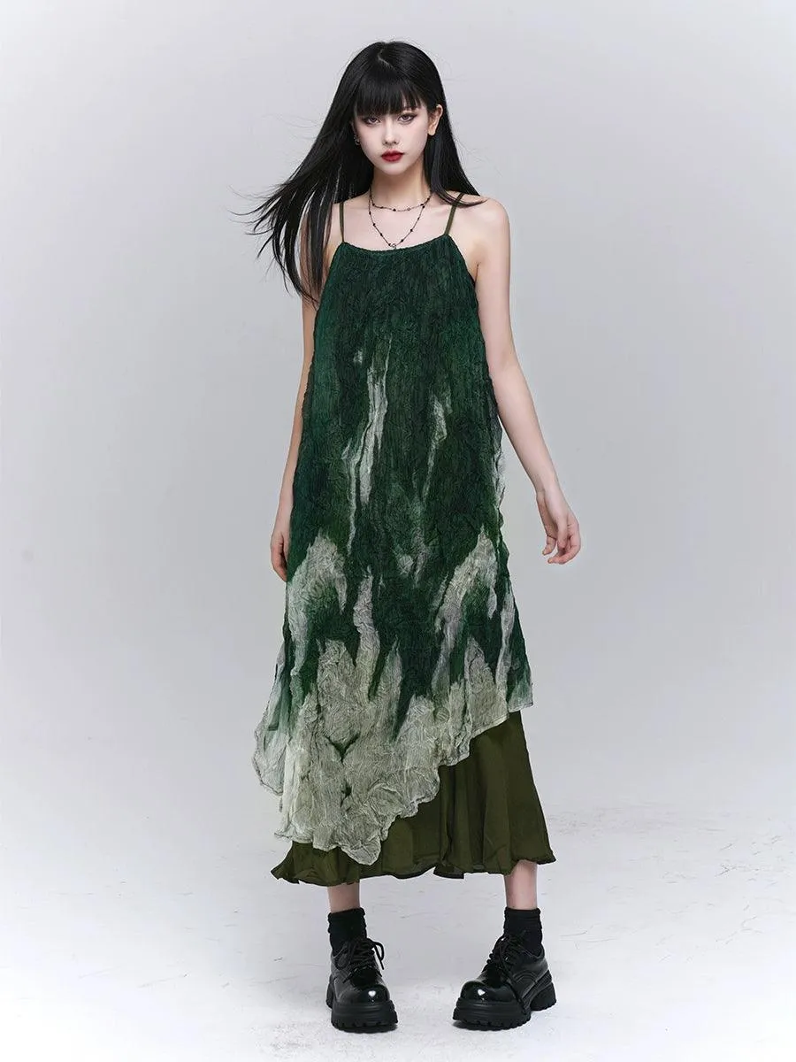 Ladyghost Forest Sprite Layered Maxi Dress - Women'S Green Ombre Tie-Dye Slip Dress With Asymmetrical Hem