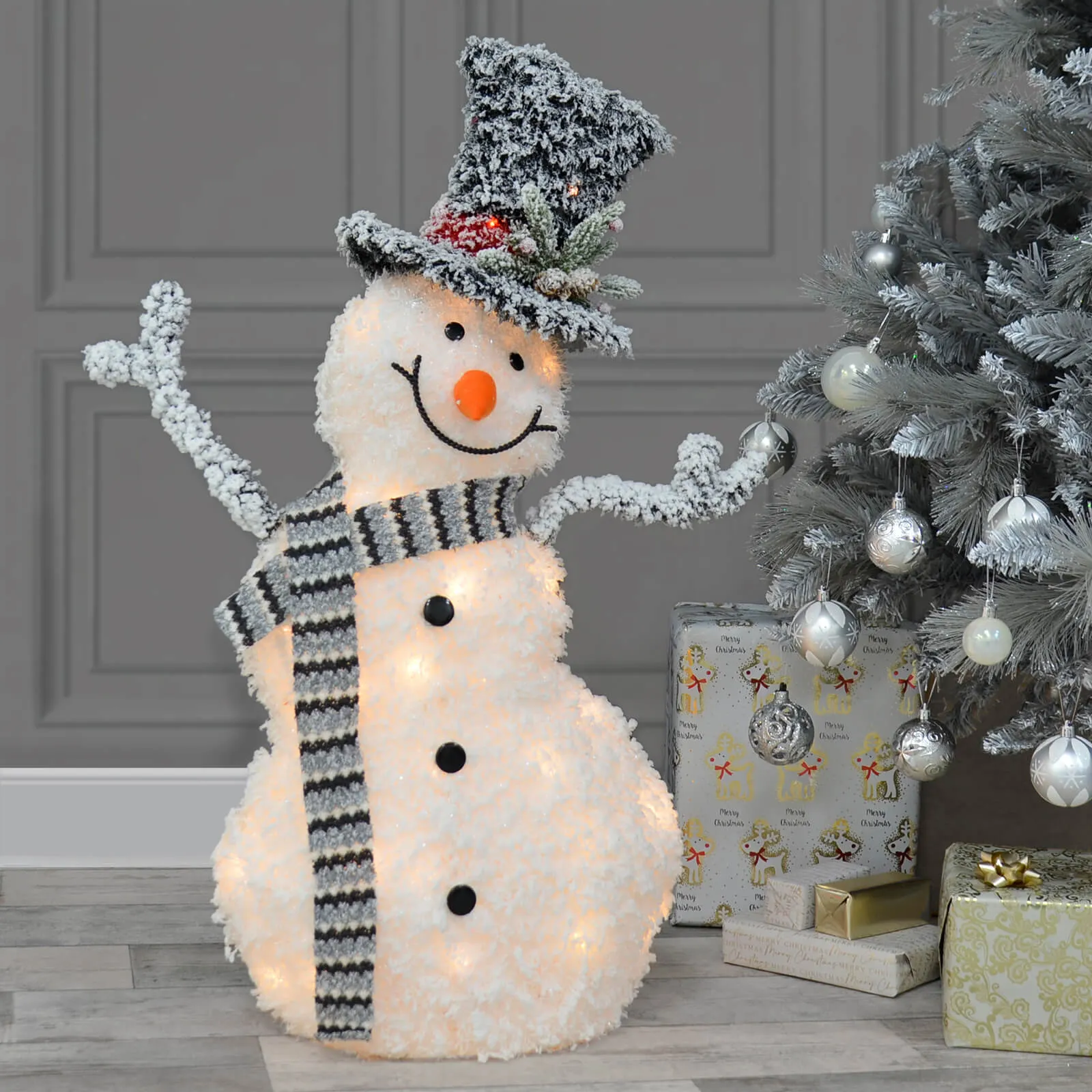 Light Up Snowman Christmas Decoration White Tinsel 82cm