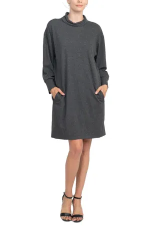 London Times Cowl Neck Long Sleeve Side Pockets Short Knit Dress