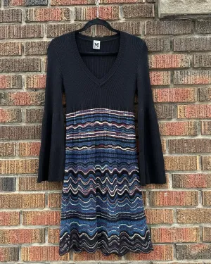 M MISSONI V-Neck Pattern Long Sleeve Midi Knit Dress