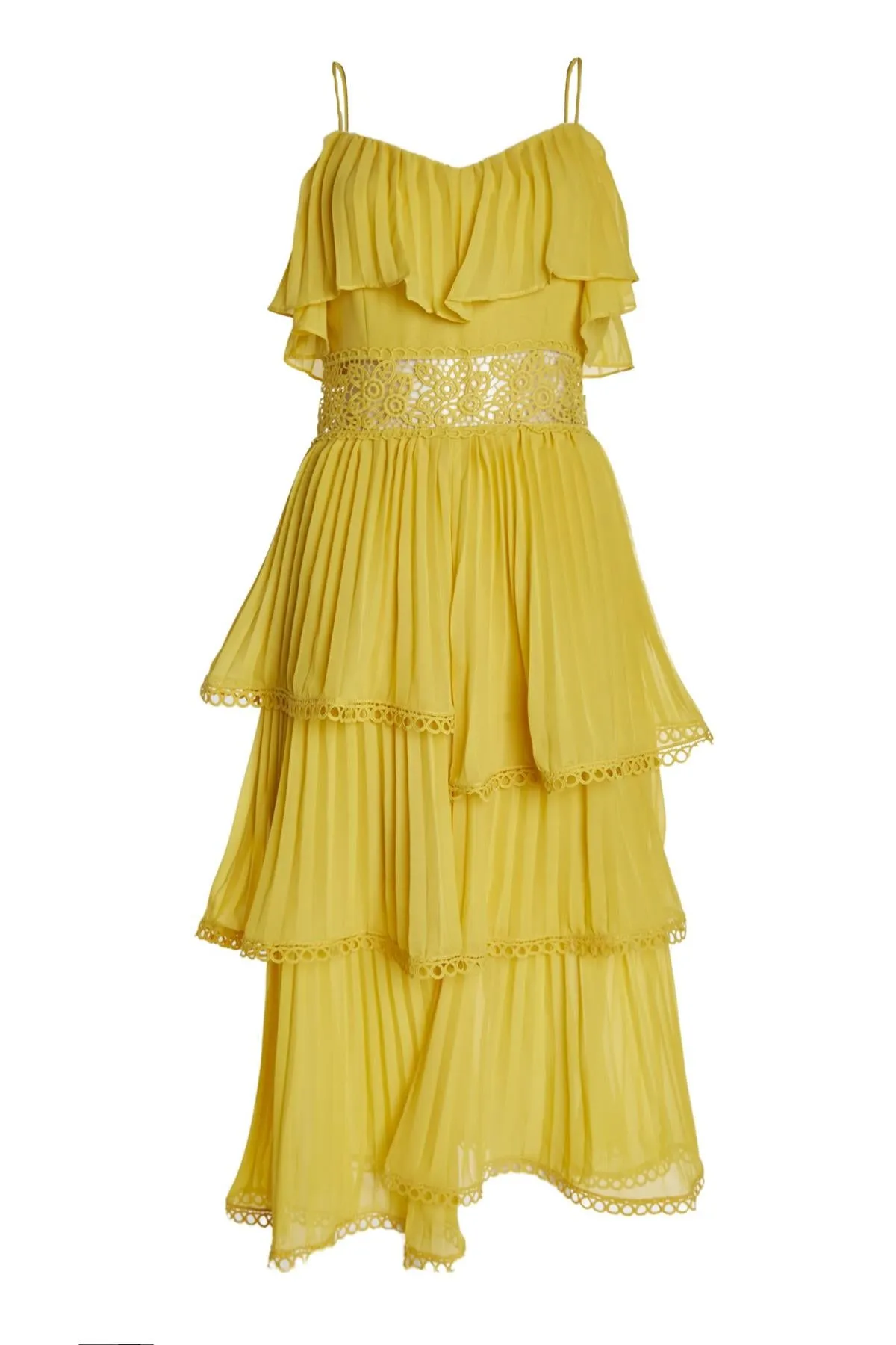 Marie Mustard Tiered Pleated Midi-Dress