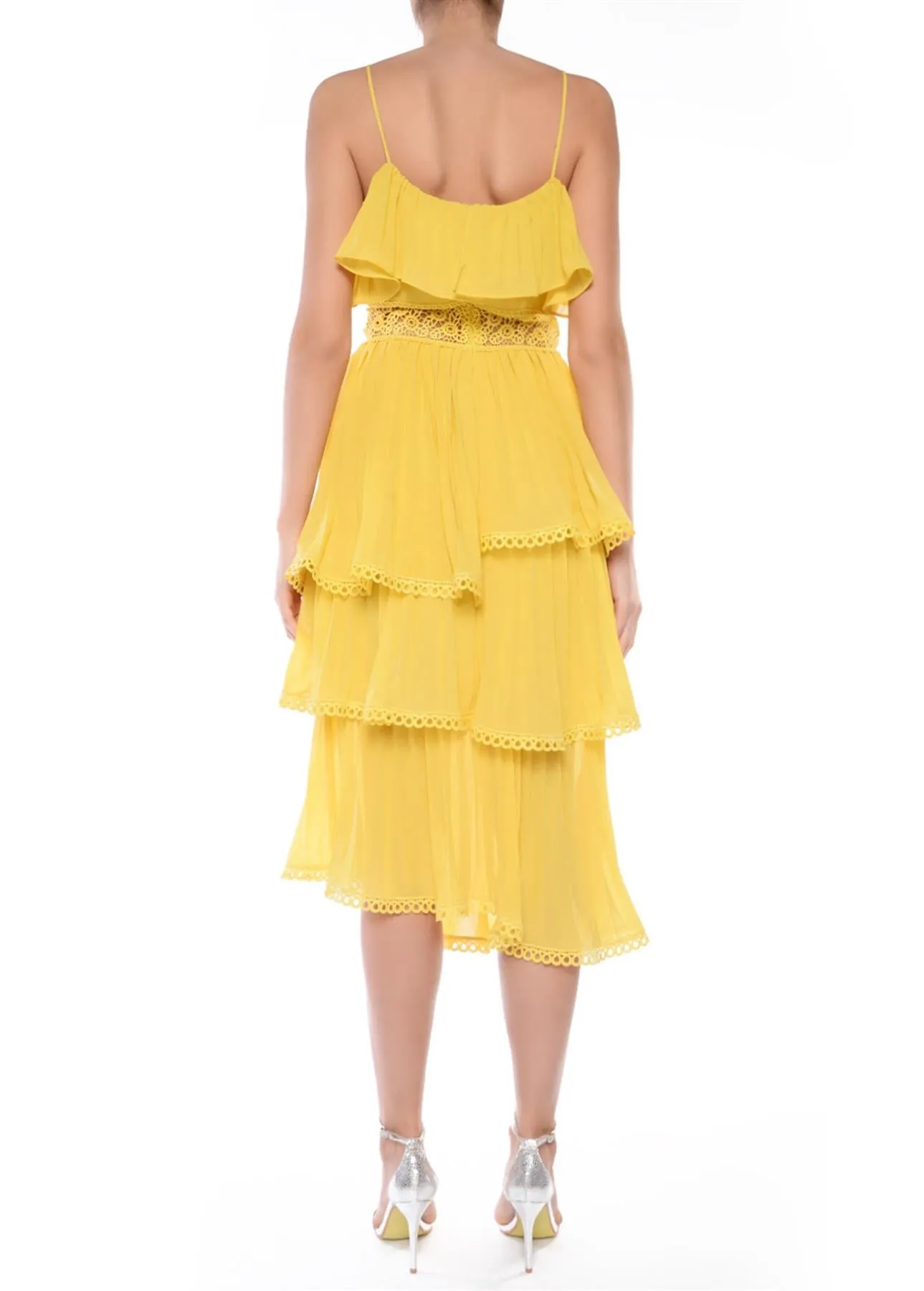 Marie Mustard Tiered Pleated Midi-Dress