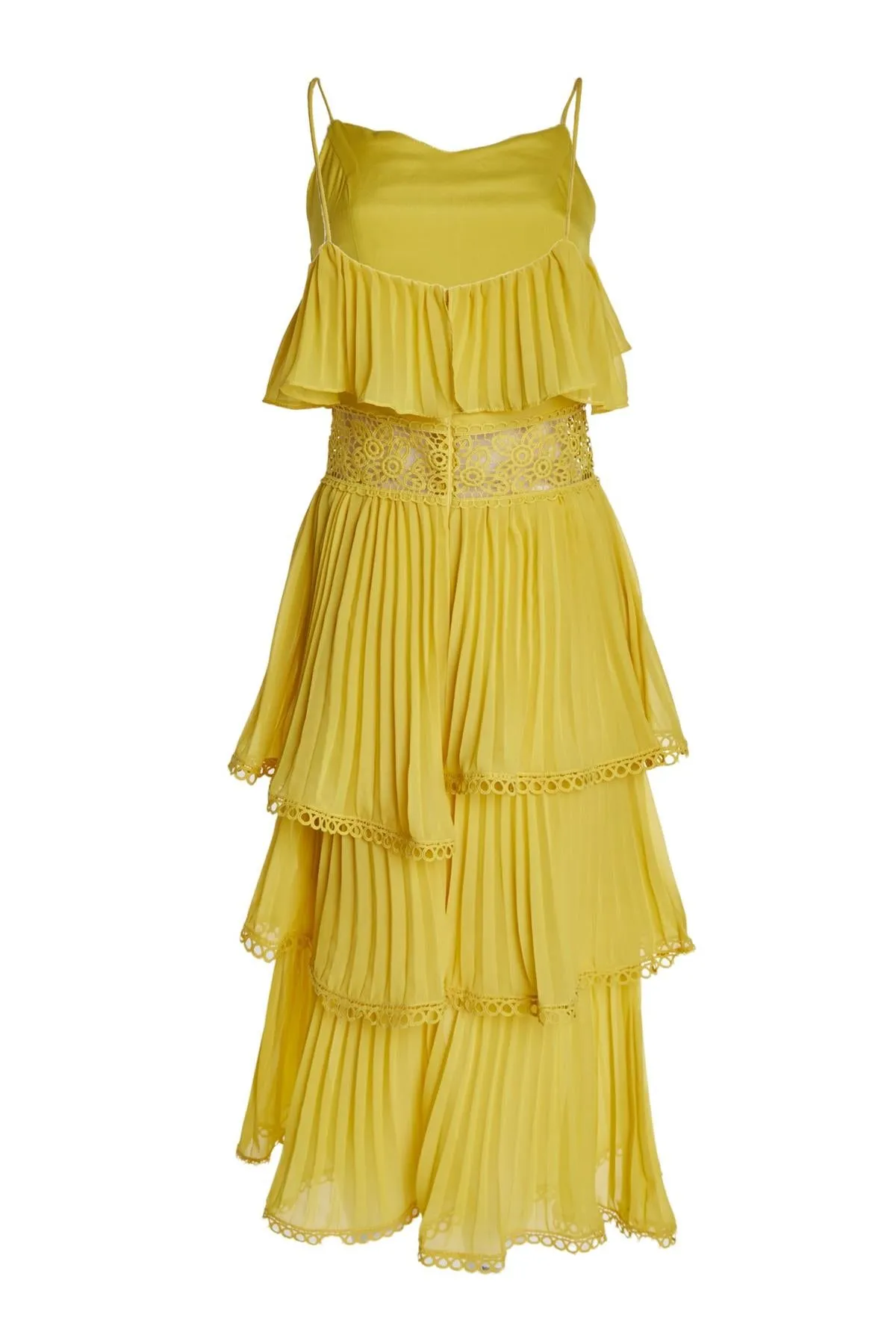 Marie Mustard Tiered Pleated Midi-Dress