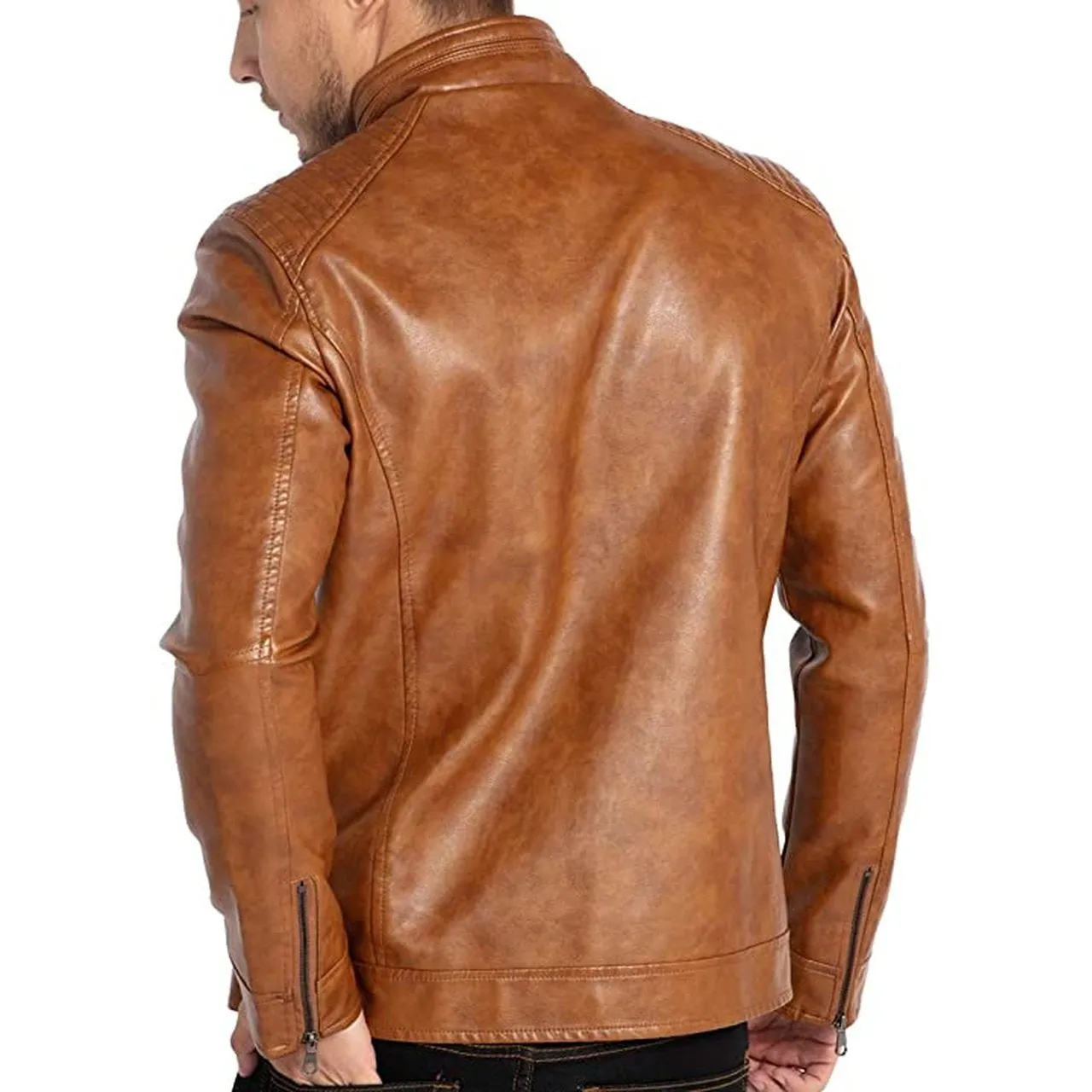 Men Stand Collar Leather Motorcycle Jacket Brown