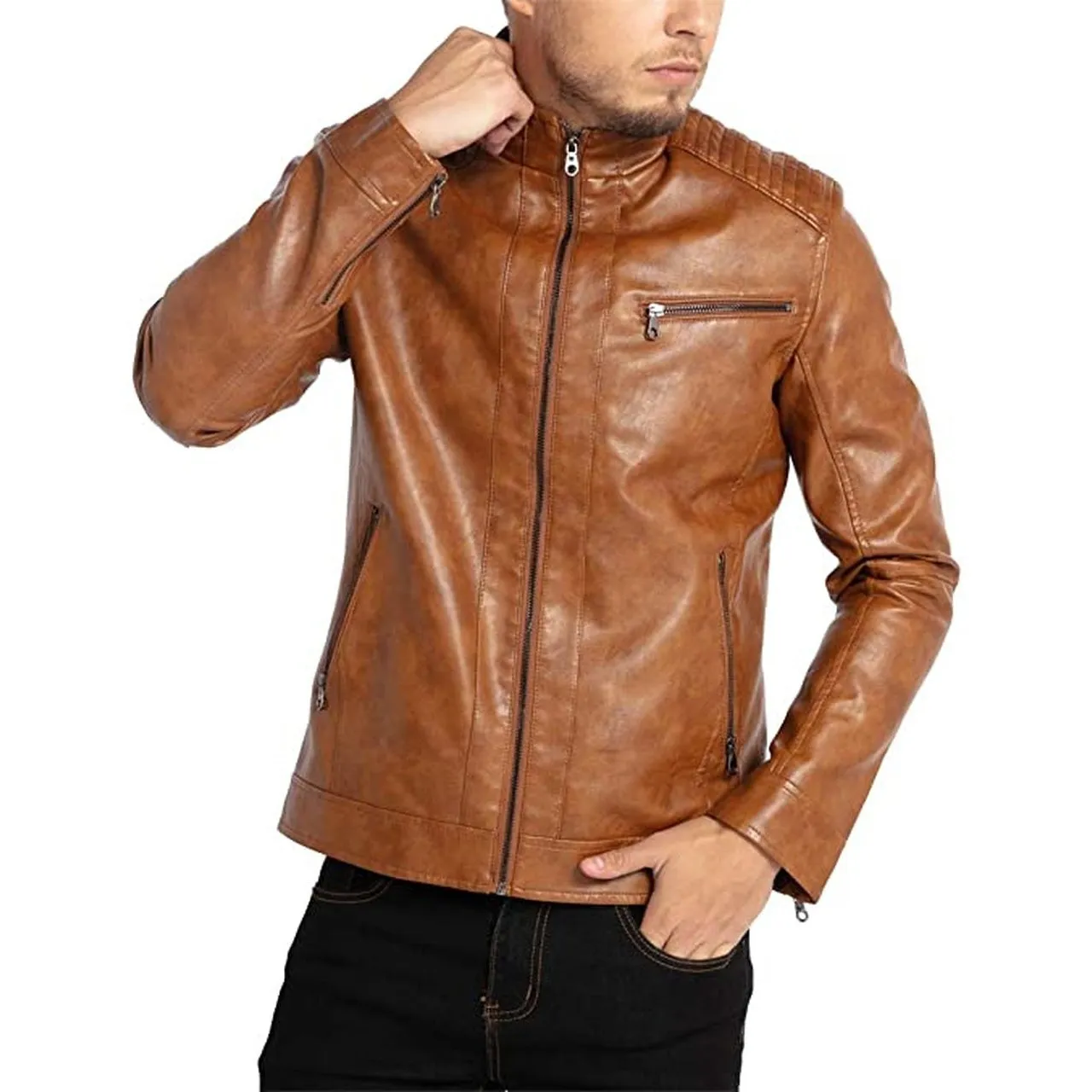 Men Stand Collar Leather Motorcycle Jacket Brown