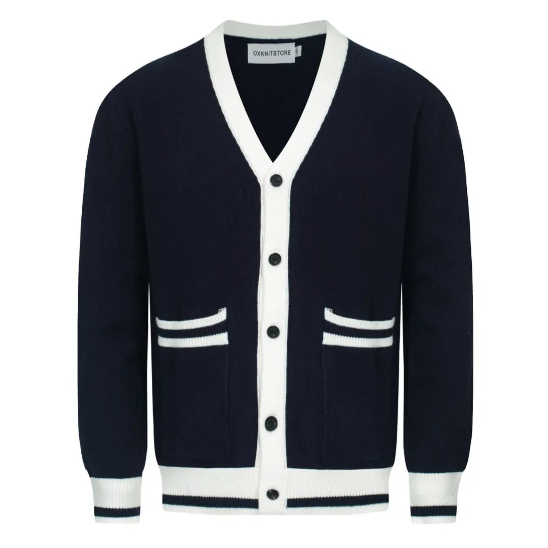 Men's Navy Blue Knitted Long Sleeves Cardigan With Double Pockets