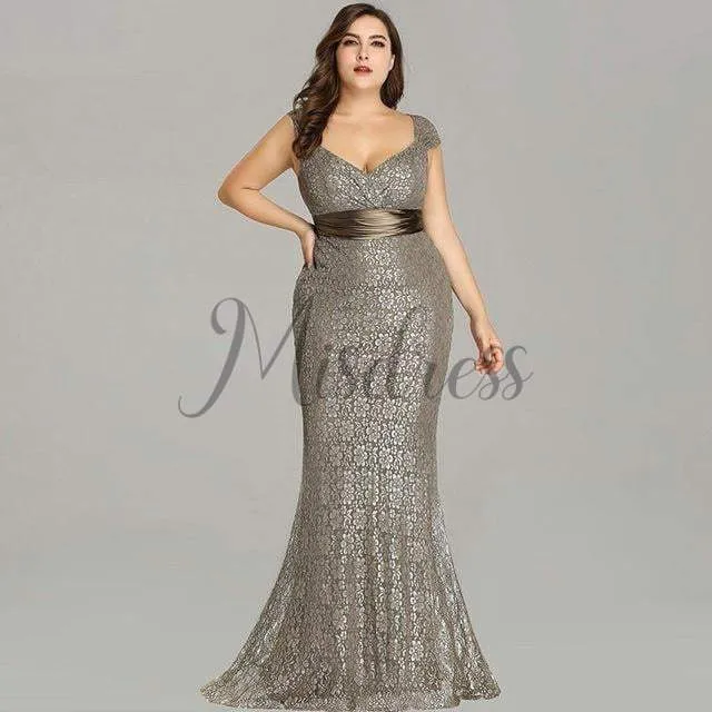 Mermaid Lace V Neck Cap Sleeves Straps Plus Size Evening Prom Dress