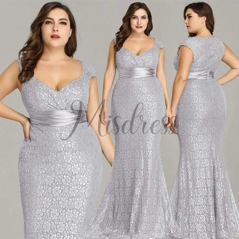 Mermaid Lace V Neck Cap Sleeves Straps Plus Size Evening Prom Dress