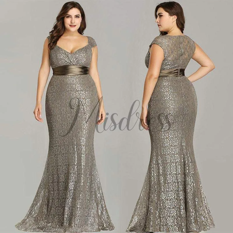 Mermaid Lace V Neck Cap Sleeves Straps Plus Size Evening Prom Dress