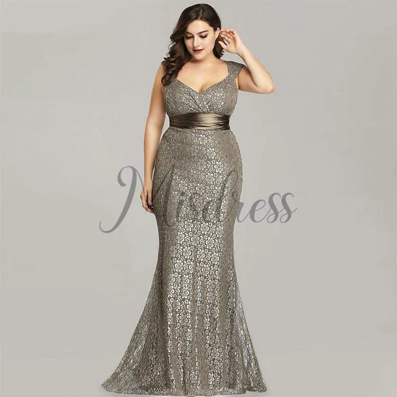 Mermaid Lace V Neck Cap Sleeves Straps Plus Size Evening Prom Dress