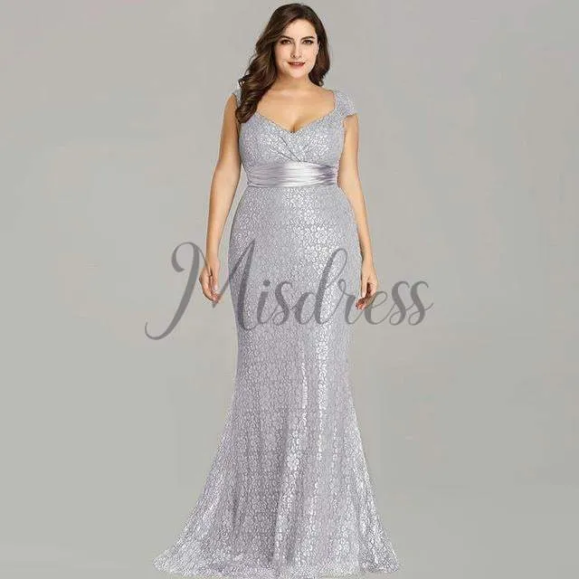 Mermaid Lace V Neck Cap Sleeves Straps Plus Size Evening Prom Dress