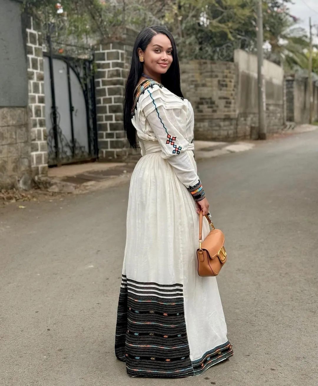 Mystic Elegance: Dark Patterned Habesha Dress in Menen Fabric Habesha Kemis