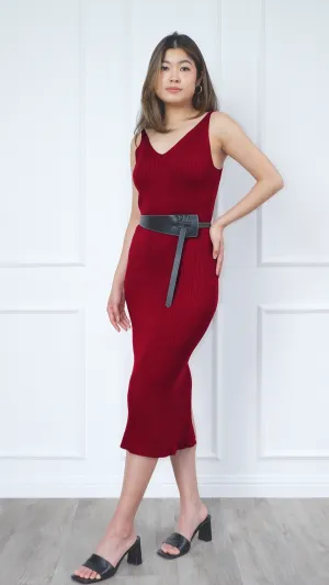 Olivia Sleeveless Deep-V Neck Yarn Knit Fitted Midi Dress