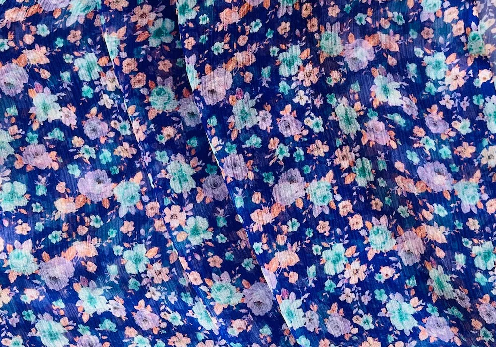 Parosh Semi-Sheer Aqua & Violet Floral Silk Chiffon (Made in Italy)