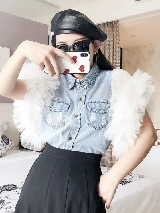 Patchwork Mesh Diamond Jacket For Women Lapel Sleeveless Casual Streetwear Denim Jackets Female Fashion Clothing Spring