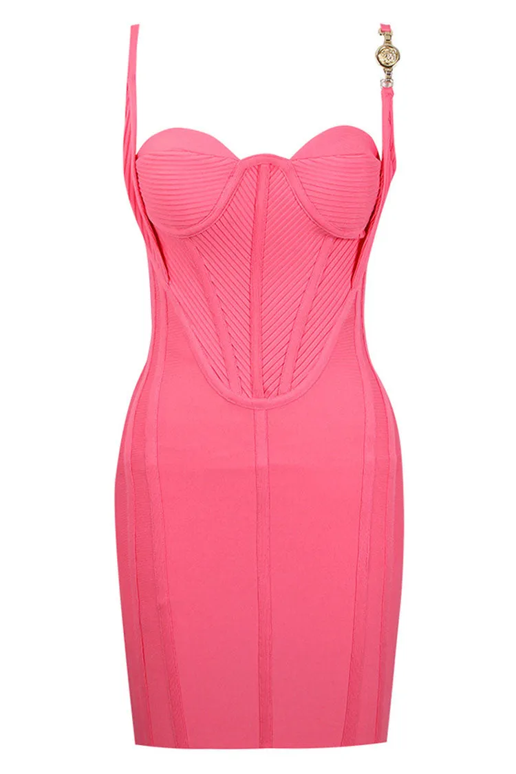 Pleated Trim Sweetheart Bustier Bodycon Bandage Mini Dress - Pink