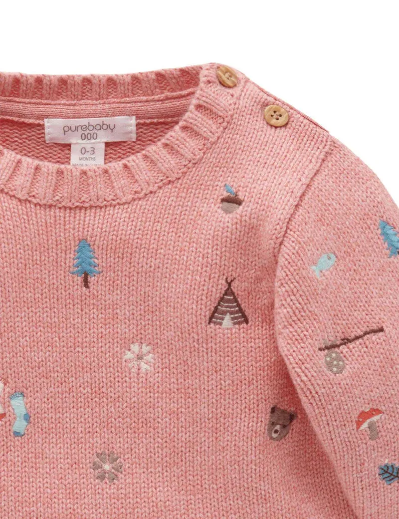 Purebaby Forest Embroidered Jumper - Nectarine Melange