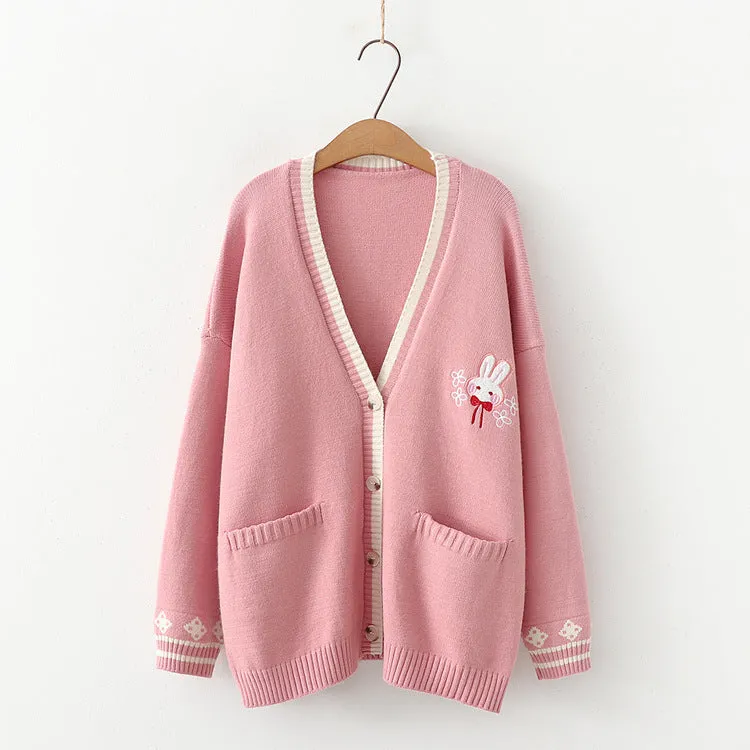 Rabbits Embroidery Cardigan Sweater Long Sleeve