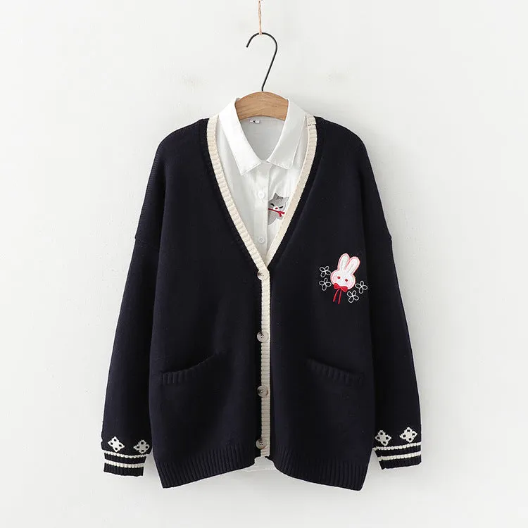 Rabbits Embroidery Cardigan Sweater Long Sleeve