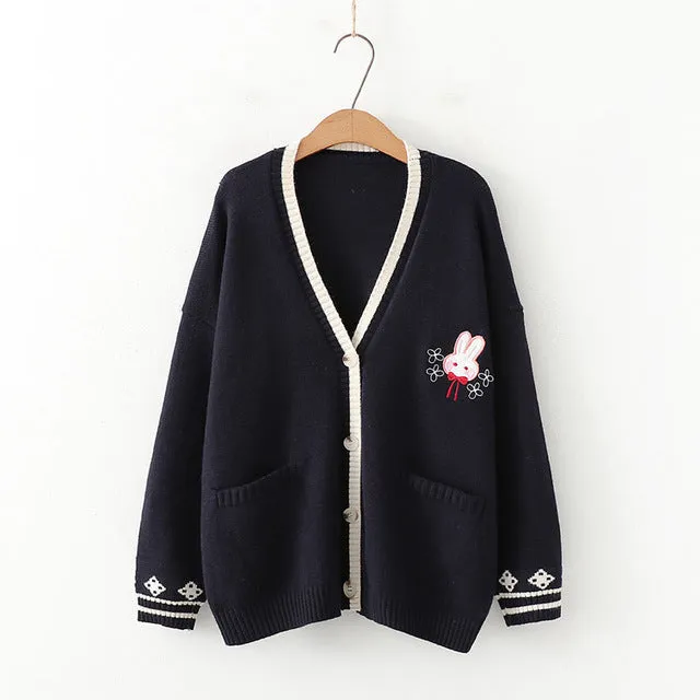 Rabbits Embroidery Cardigan Sweater Long Sleeve