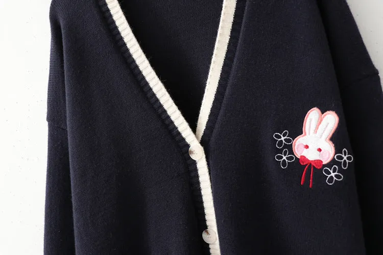 Rabbits Embroidery Cardigan Sweater Long Sleeve