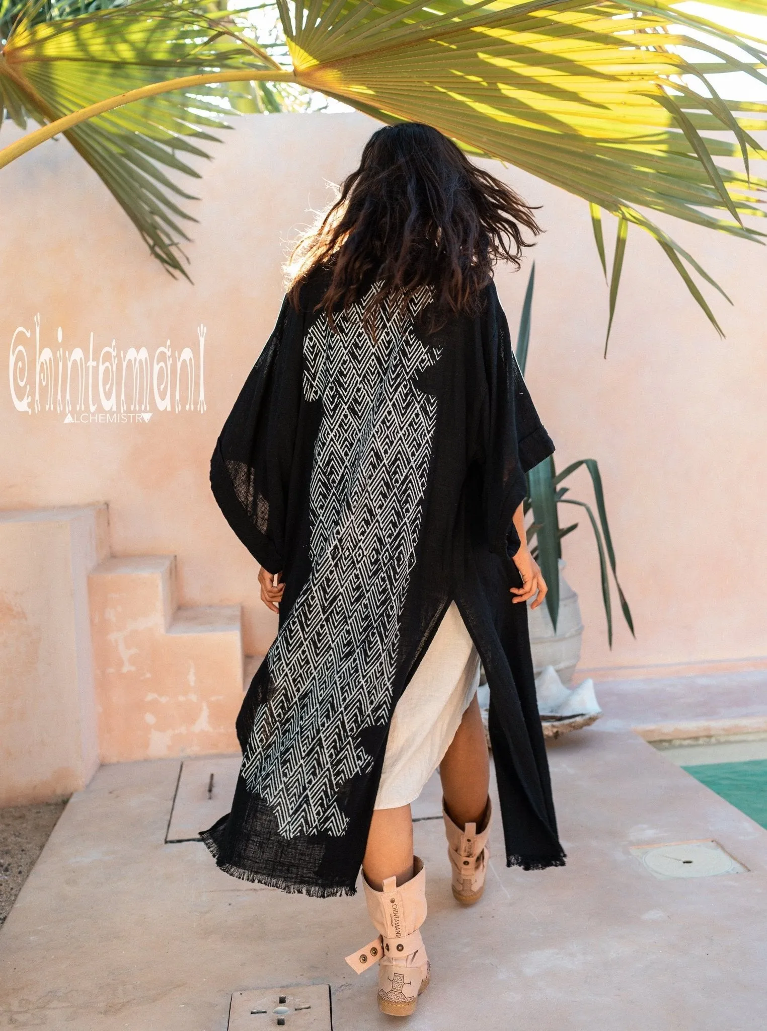 Raw Cotton Kimono Robe with Print / Black