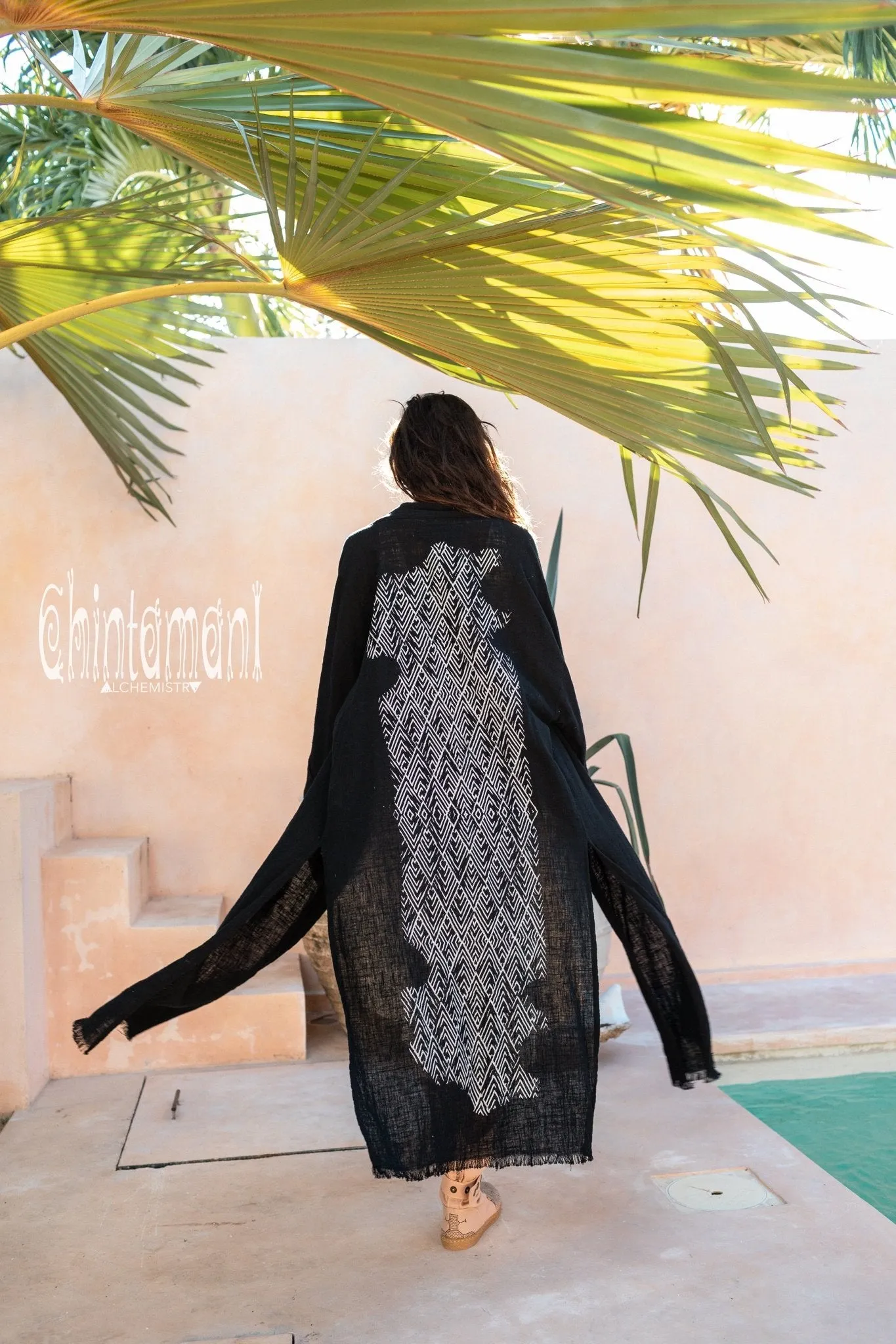 Raw Cotton Kimono Robe with Print / Black