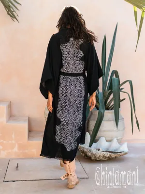 Raw Cotton Kimono Robe with Print / Black