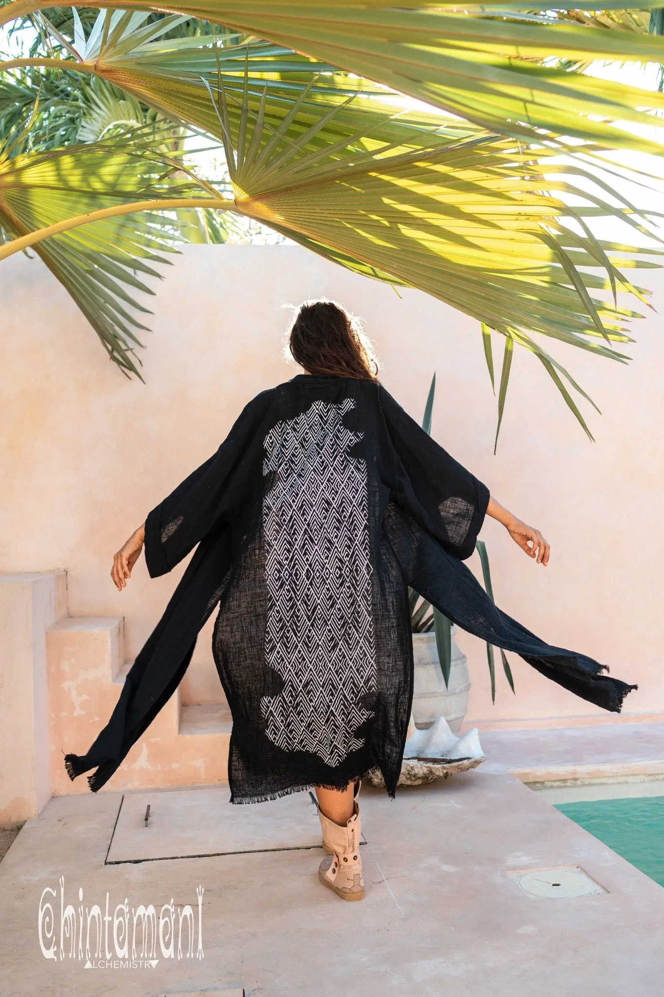 Raw Cotton Kimono Robe with Print / Black