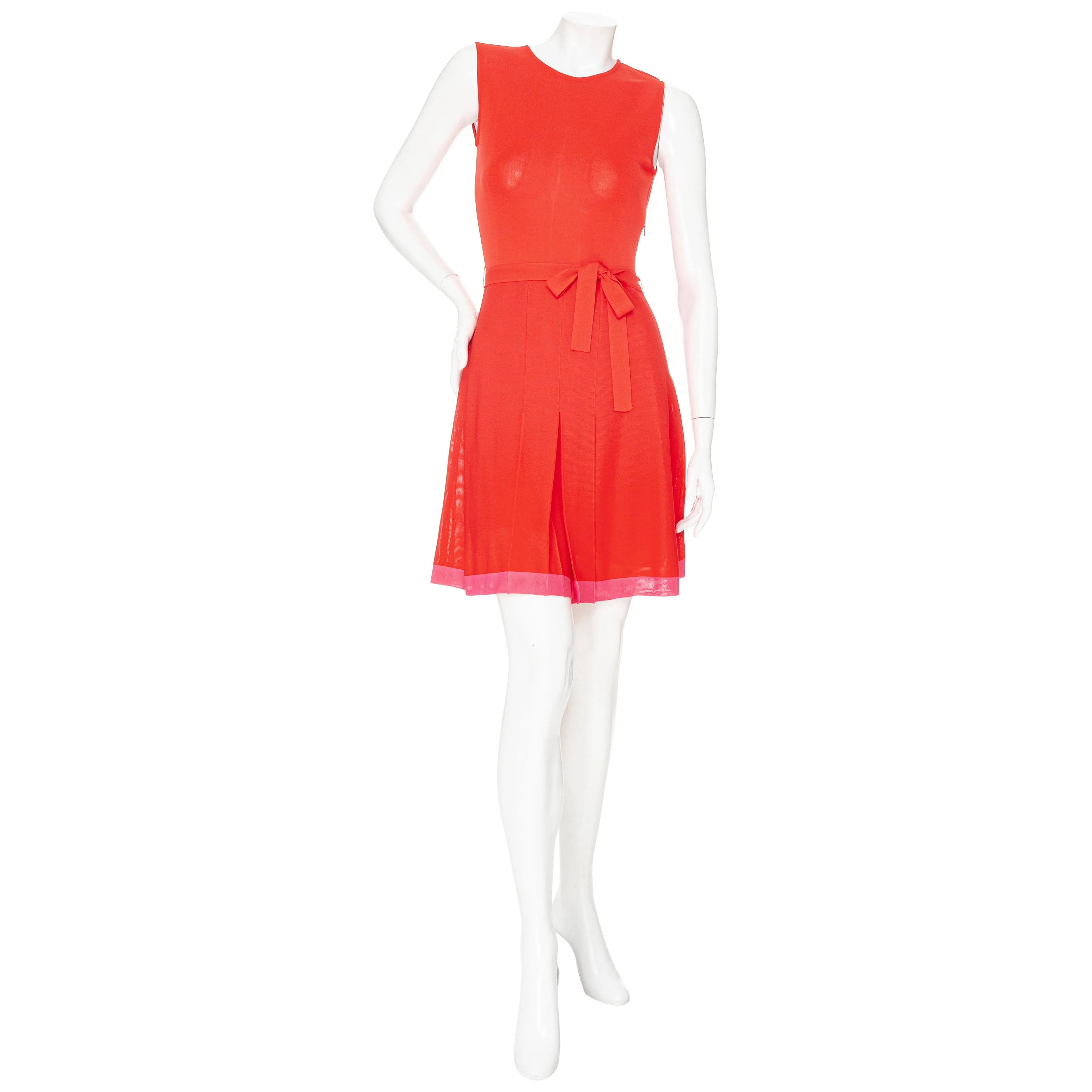 Red and Pink Viscose Knit Sleeveless Pleated Dress