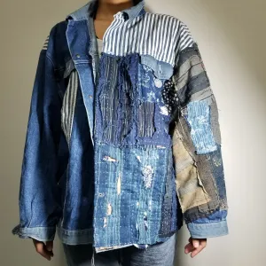 Retro Boro Tsutsugaki Handstitched Patchwork Jean Jacket