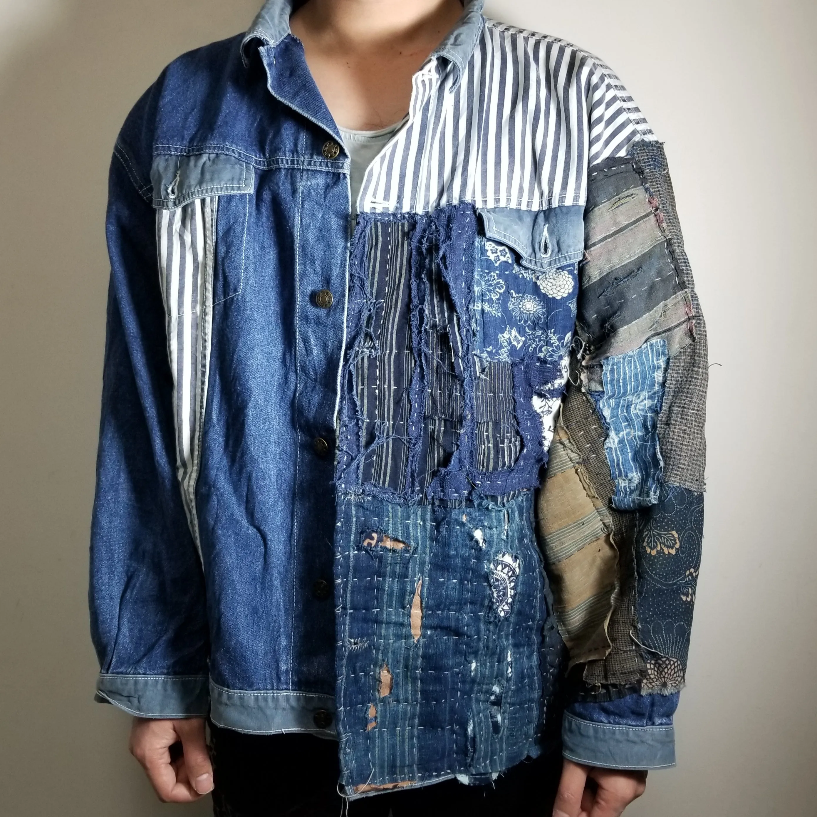 Retro Boro Tsutsugaki Handstitched Patchwork Jean Jacket