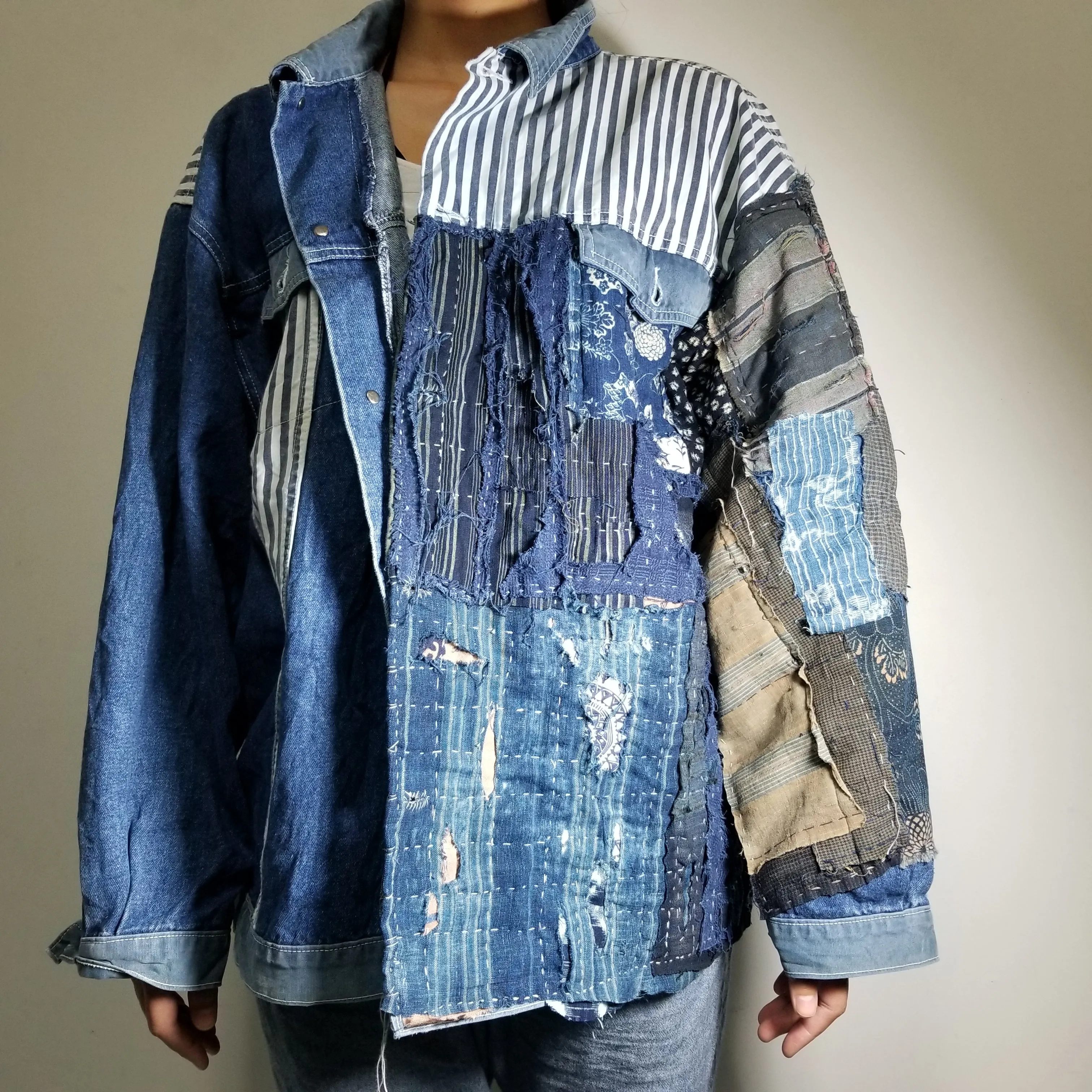 Retro Boro Tsutsugaki Handstitched Patchwork Jean Jacket