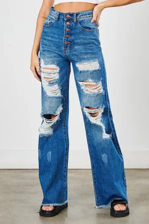 Ripped Hem Buttons Wide Leg Jeans