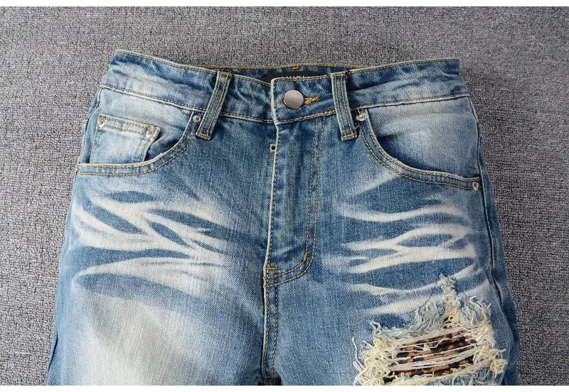 Ripped Knee Patchwork Men Distressed Straight Jeans