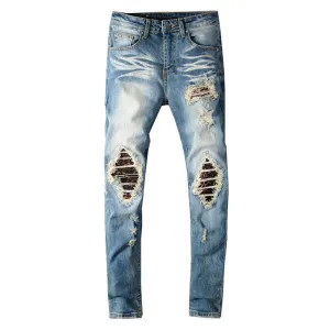 Ripped Knee Patchwork Men Distressed Straight Jeans